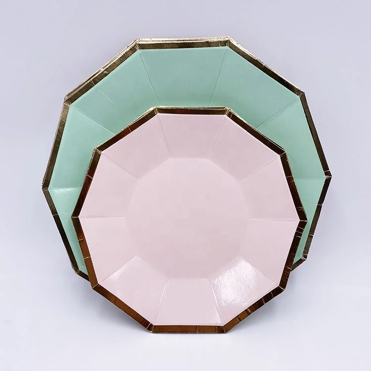 Manufacturer Any shaped and custom printing rose gold party tableware set paper plates for birthday bridal shower hen party
