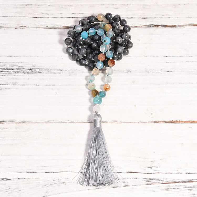 108 Mala Beads Necklace 8Mm Agate Labradorite Meditation Necklace Bohemian Hand Knotted Tassel Necklace