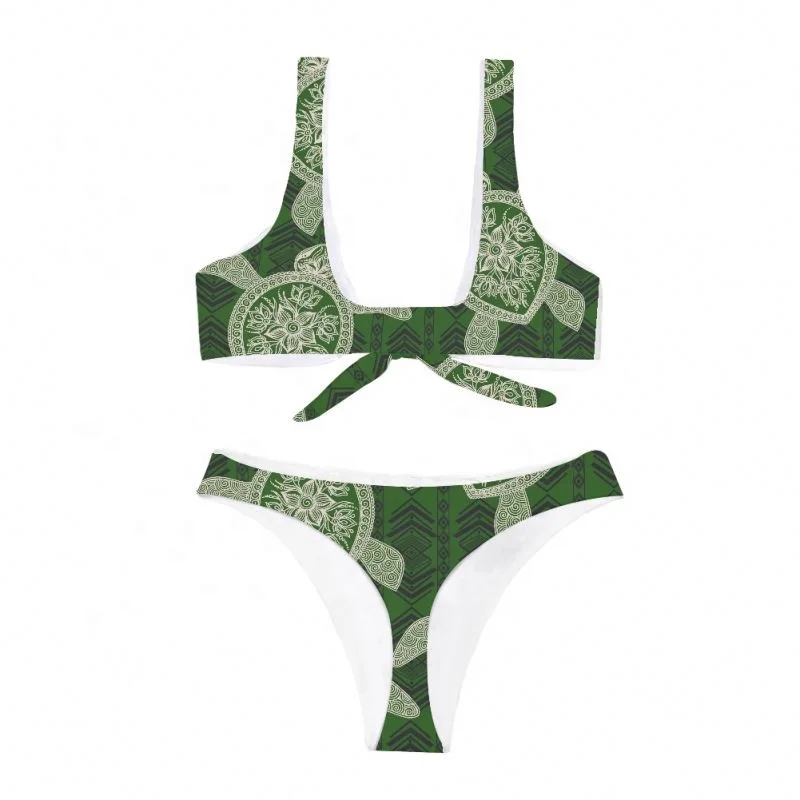 2021 Polynesian Tribal Tattoo Green Turtle Pattern Knot Low Waist Two Pieces Bikini Set For Women Swimsuit Female Beachwear