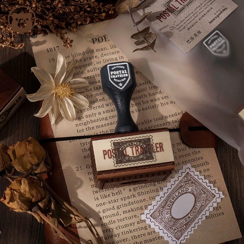 Ephemera Retro Wooden Handle Seals Postal Traveler Vintage Wood Rubber Stamps DIY Planner Handmade Decorative Scrapbooking