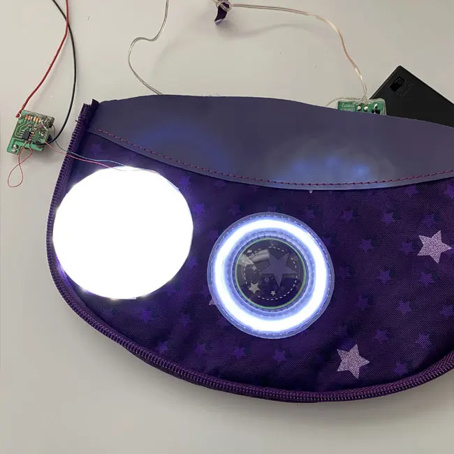 Fashion customized circle panel led light for schoolbag, bright led strip for bag