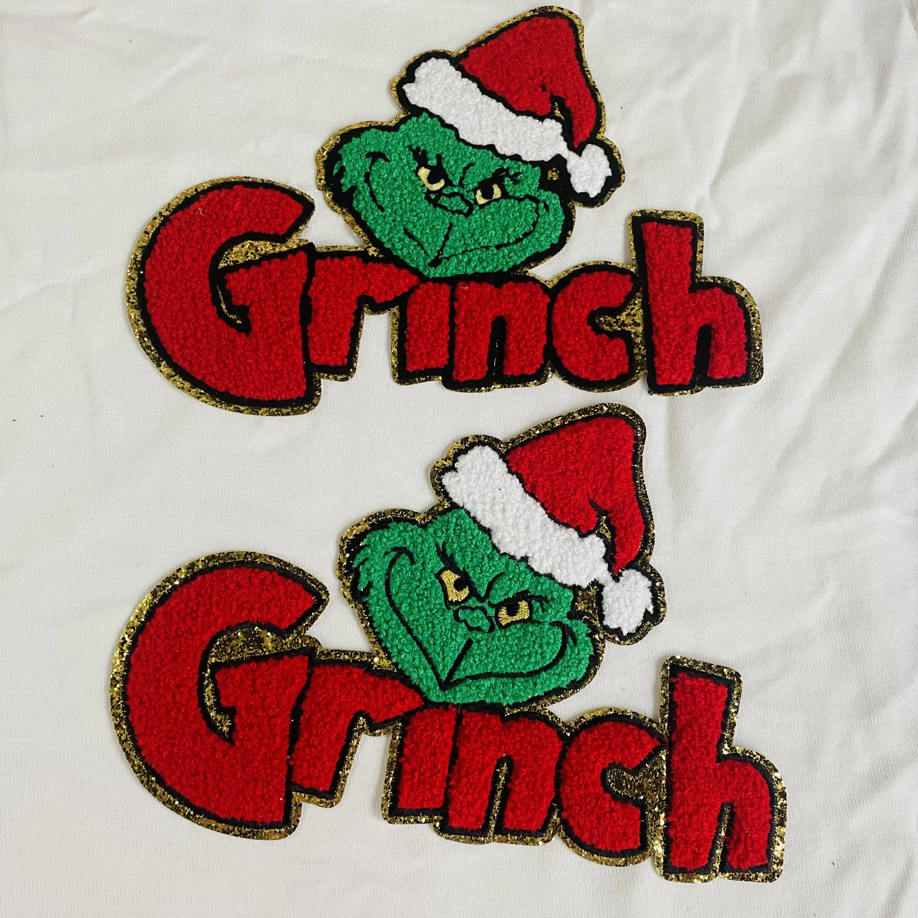 Custom Grinchs Chenille Iron On Patches Large Logo Wholesale Embroidery Christmas Glitter Patches For Clothing