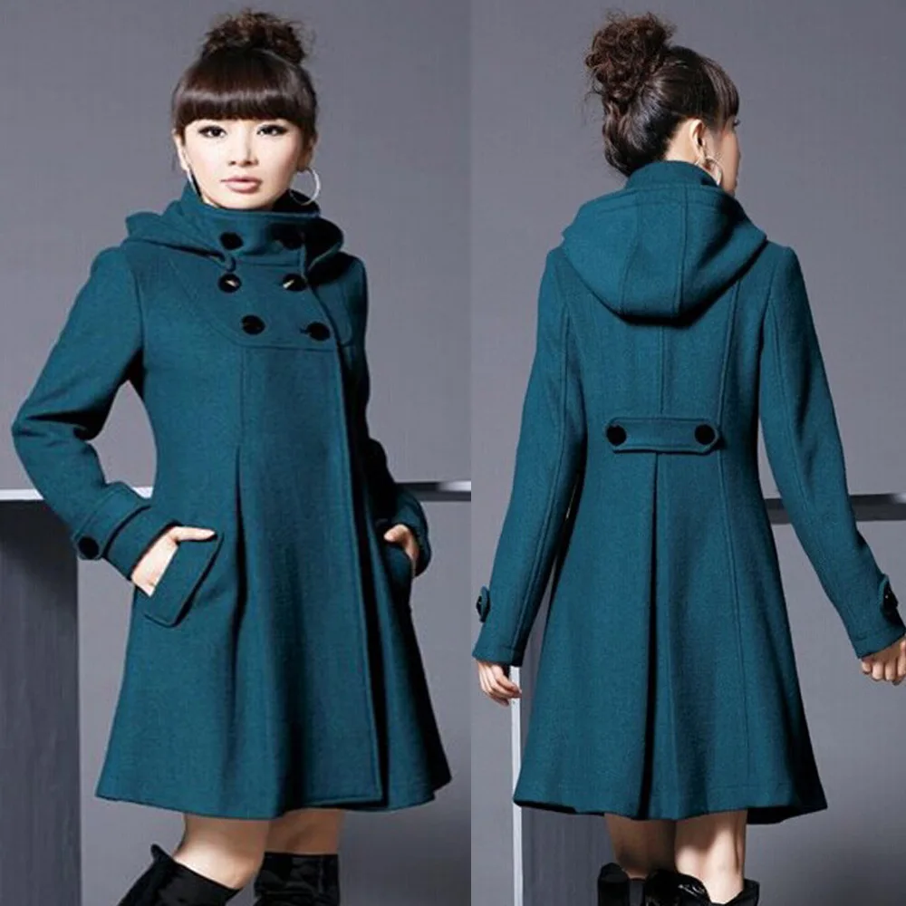 Elegant Coat for Women Pockets Casual Hooded Wool Coat and Jacket Solid Autumn Winter Women Clothes long coat for women