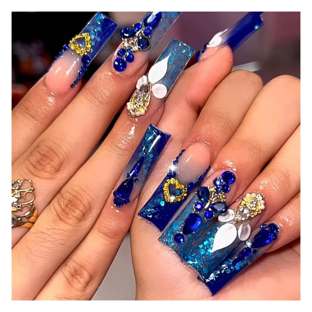 Pretty Blue Press On Nails Artificial Fingernails Soft Gel 100% Hand Made Artificial Fingernails French Tip Press On Nails