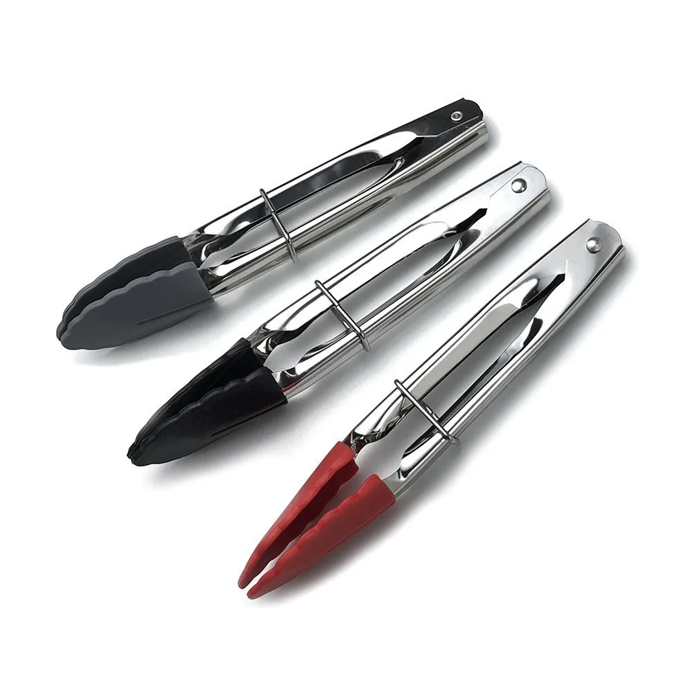 Food Grade Silicone Tongs with Stainless Steel Handle for Serving Salad Bread BBQ Essential Kitchen Tools for Home Use