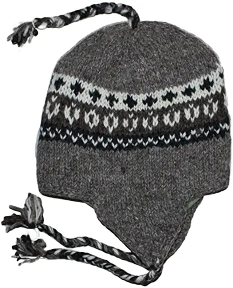 Hand Knit Unisex Wool Beanie Hat Ear Flap Fleece Lined Nepal hat