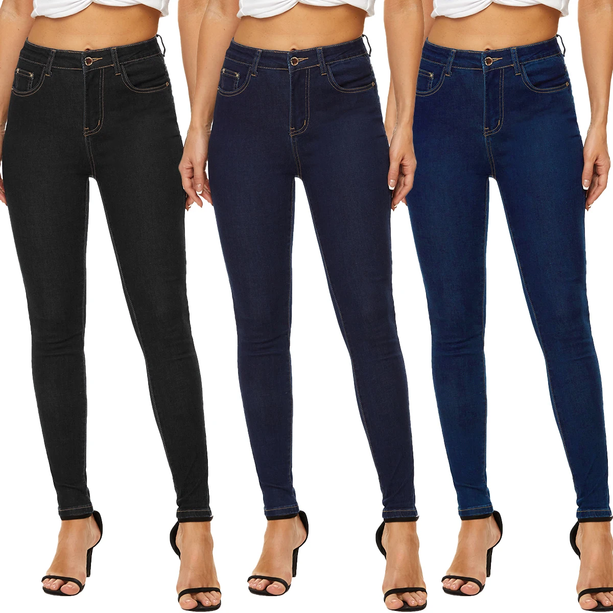 Custom Dark Blue Classic Tummy Control Skinny Women Jeans Wholesale Stretchy Casual Pants