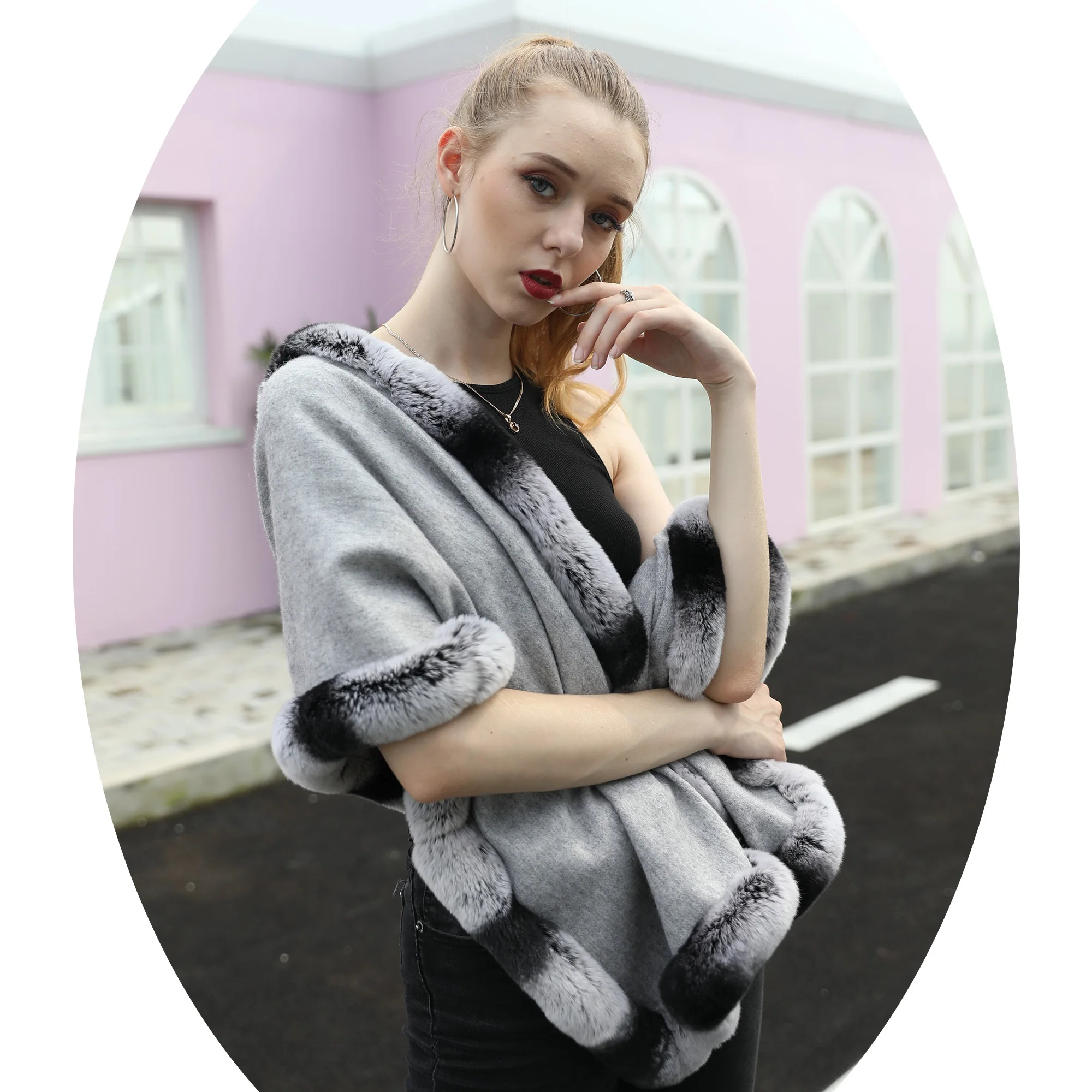 Janefur Custom Gray Soft Long Warm Women Real Rabbit Fur Trim Cashmere Wool Scarf Shawl