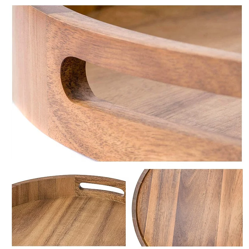 Factory Price custom acacia round wood food tray wooden serving tray with handle