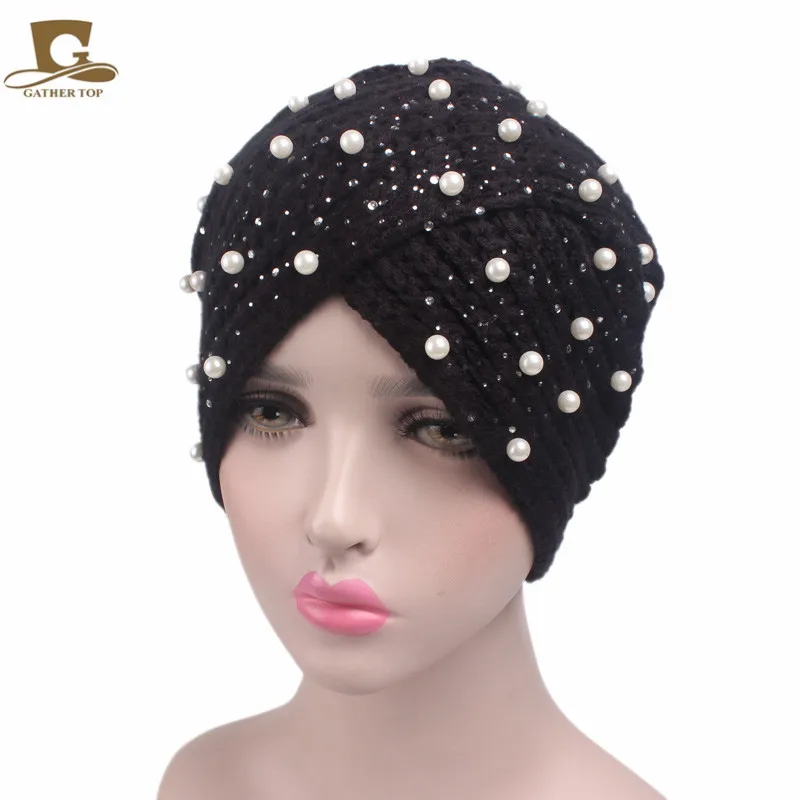 Fashion Women Pearled Beanie knitted Turban Cross Style Bohemian knitted Beanie India Style Knitting  Beanie CapTJM-85A
