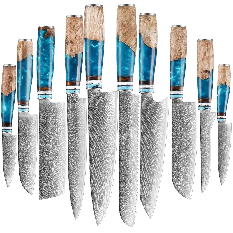 10 pcs Damascus Kitchen Knife Set Blue Resin Wood Handle Bread Slicing Stantoku Chef Knife