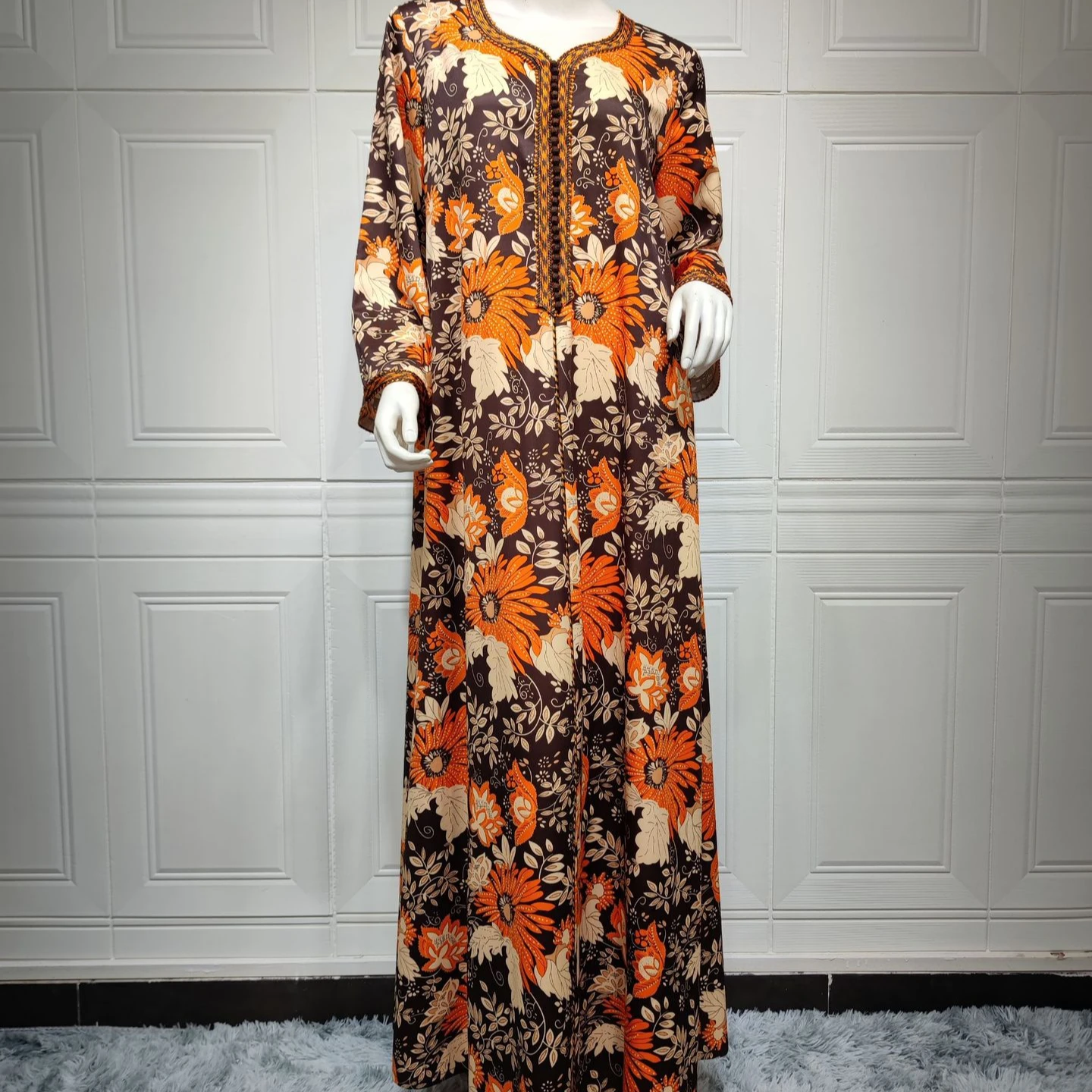 Middle East Eid Muslim Floral Print Jalabiya Arabian Abaya Maxi Dresses Dubai Long Sleeve Moroccan Caftan