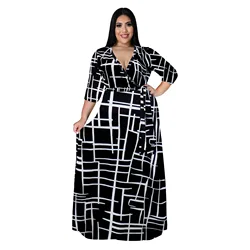 Casual Deep V-neck Long Sleeve Maxi Dress Printed Women Plus Size Africa Dress