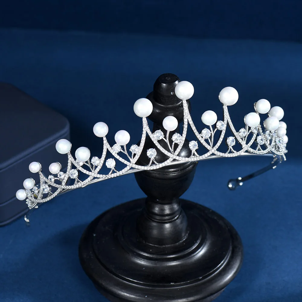 HIBRIDE Pearl Round Women Wedding Bridal Hair Accessories Fashion Party Gifts Cubic Zirconia Tiara and Crown Corona Prince C-99