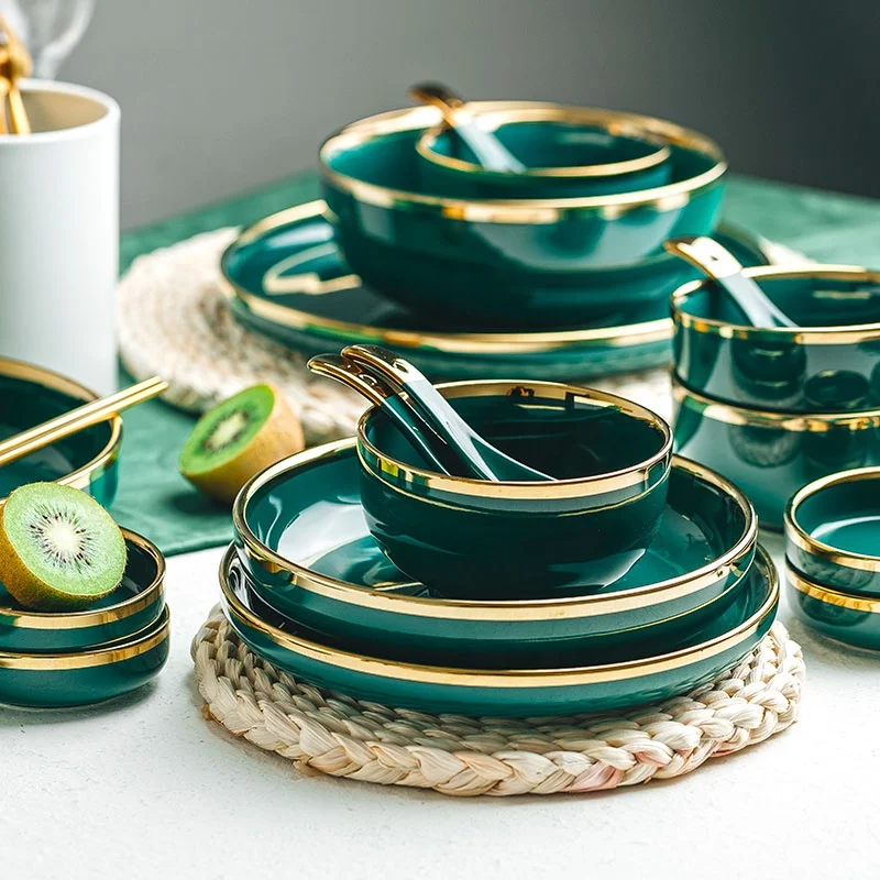 
Jade-cer High quantity nordic luxury emerald green healithy food ceramic porcelain tableware dinnerware set with gold rim 