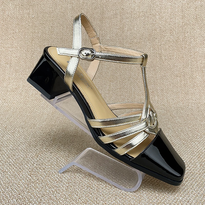 Universe P121 Patent Sheepskin SquareToe New Arrivals Ladies Sandals Factory Handmade Genuine Leather Sandals Women