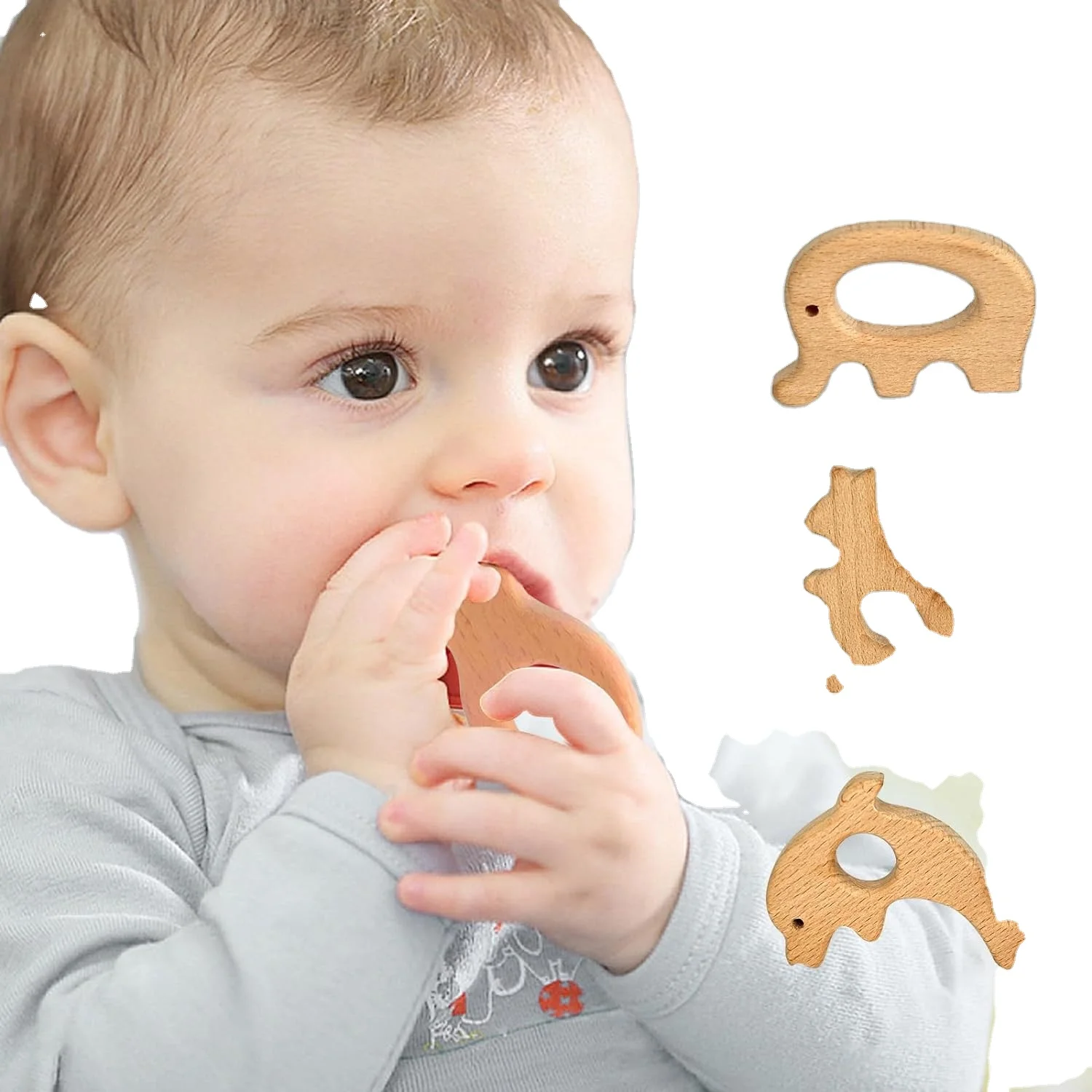 Safe Material Natural Wooden Teether Toys for Baby 12pcs Chew Teething Toys
