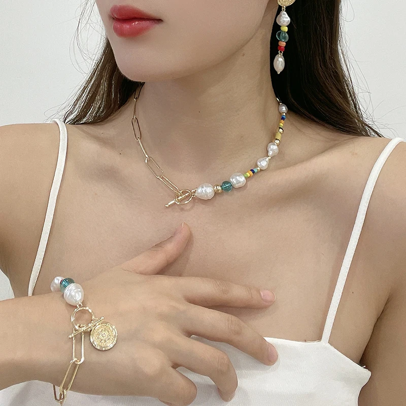 2022 Spring Summer Paper clip Chain Pearl Necklace Drop Pendant Earring Bracelet Set Seed Beads Pendant Gold jewelry set