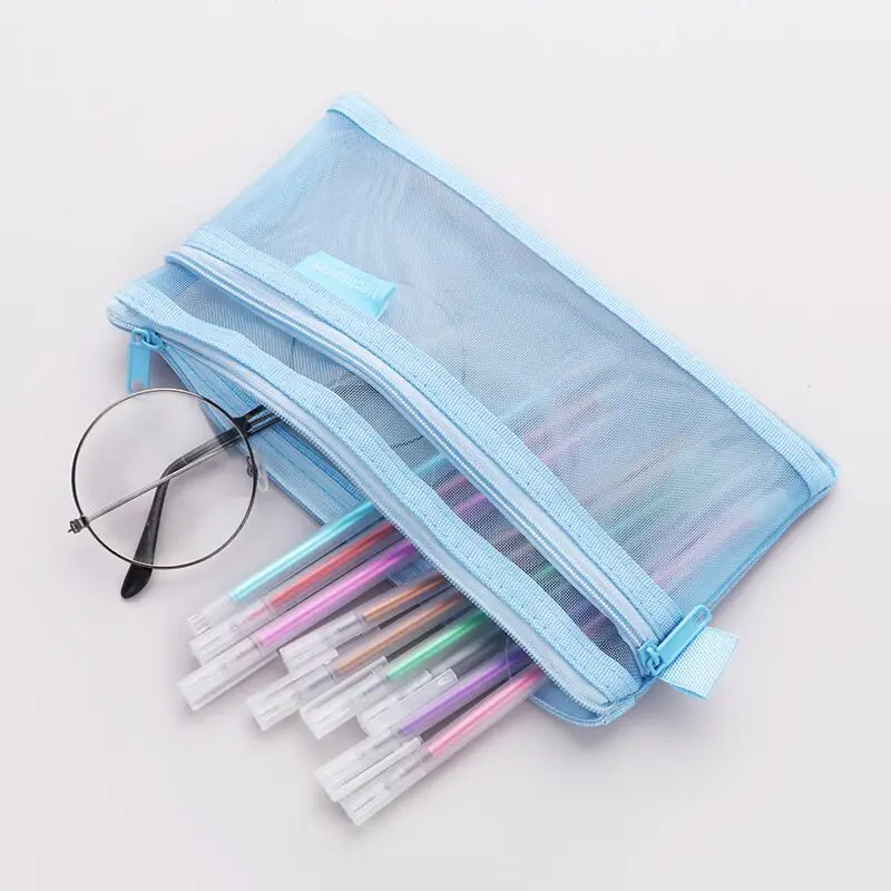 
Customized creative transparent mesh pen bag double layer mesh makeup bag student pencil case 