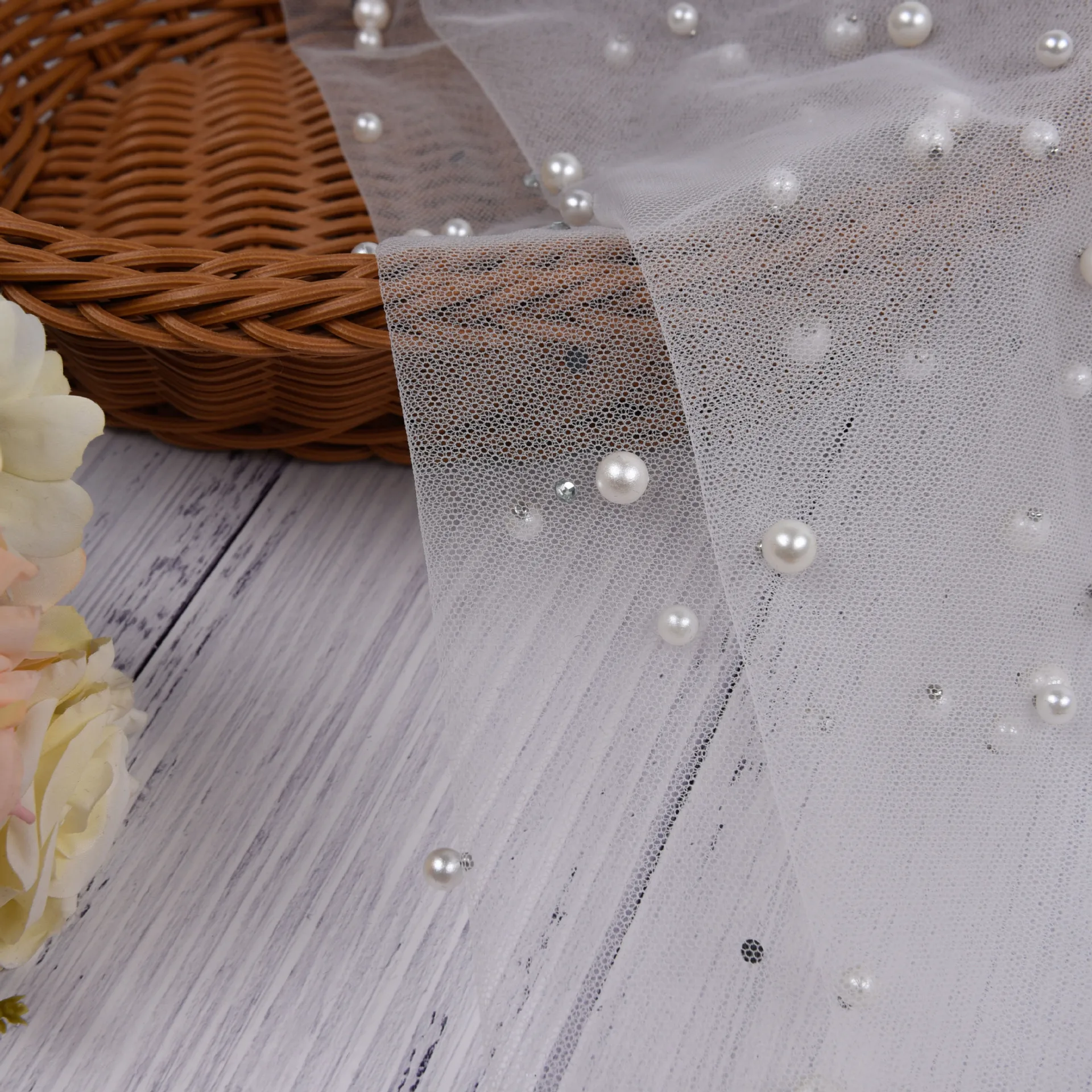hot sale soft net mesh fabric with pearl onto tulle fabric for pearl tulle short veil