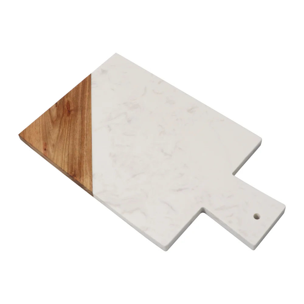 Restaurant white artificial marble splicing acacia wood cutting board with handle