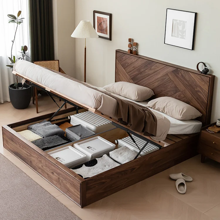 Kainice wholesale black european double bed walnut solid wood king size gas lift home bed with storage box
