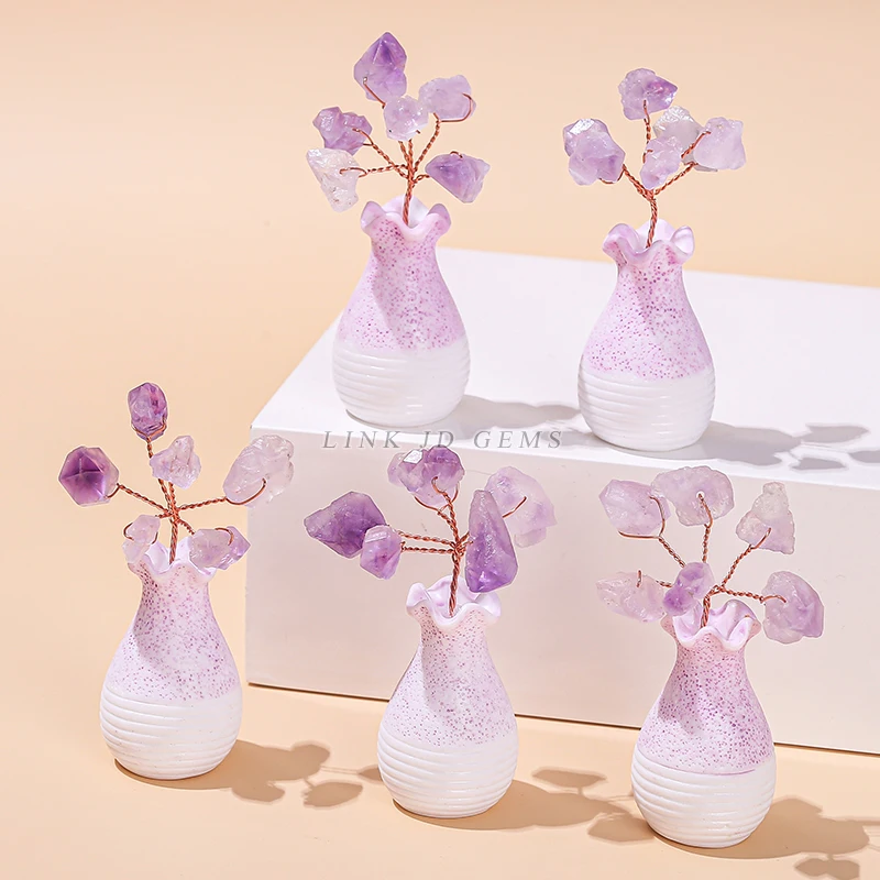 Natural Amethyst Flowers Crystal Lucky Tree Rose Quartz Gemstone Reiki Chakra Feng Shui Trees for Home Decor