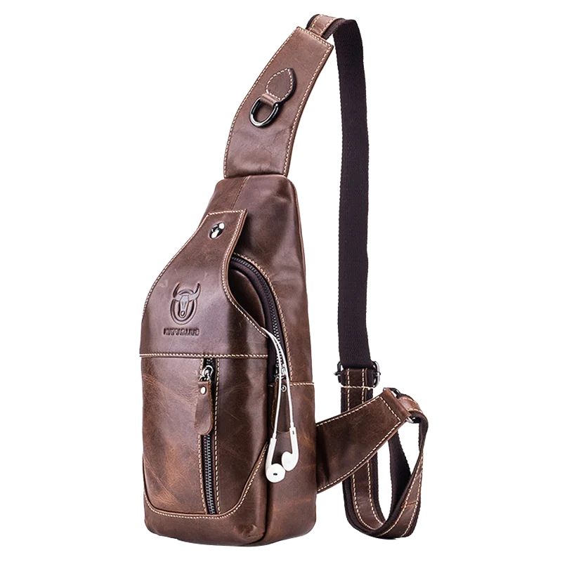 Messenger Bag For Men Leather Shoulder Bag Backpack with Headphone Hole Outdoor Chest Bag for Phone