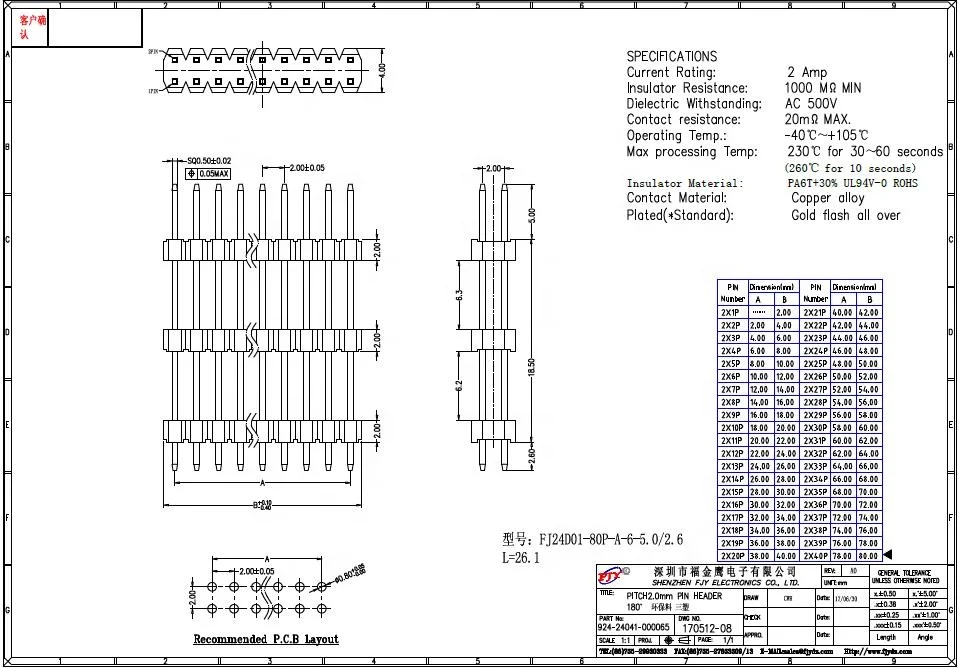 Штырьковый разъем 2,0 шаг три пластиковые двухрядные от 2 до 40 контактов L26.1mm DIP прямые