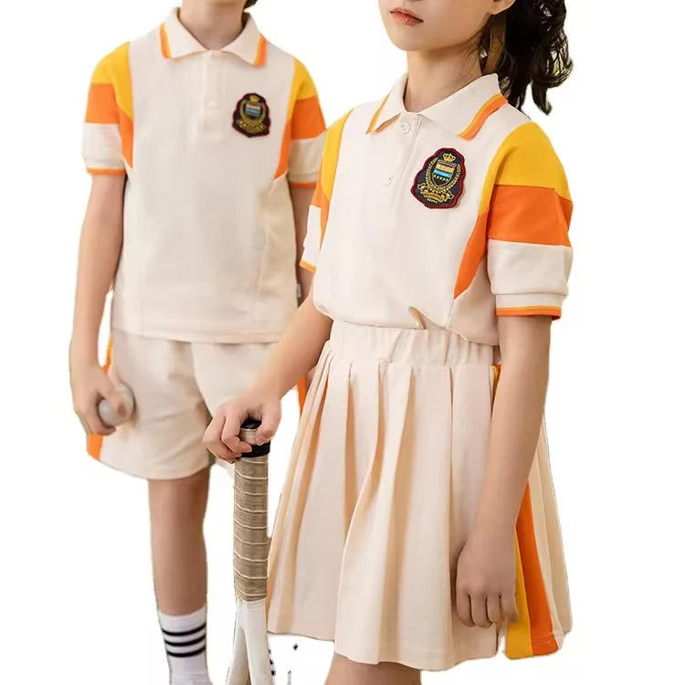 Orange Summer School Uniform Set Custom Free Sample Pleated Cotton Stitching Manufactured for Students