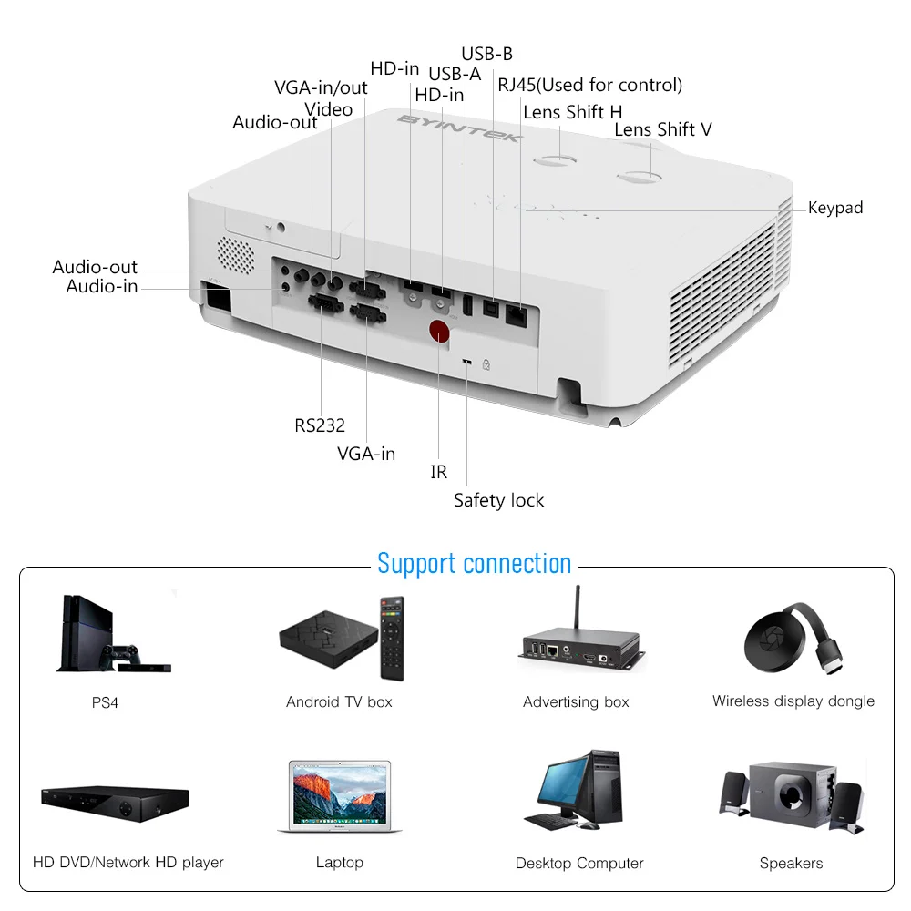 BYINTEK 18 Years Factory K400 Wholesale 5000 Lumens Outdoor Movie Projecteur 3D 4K Projector 4k Home Theater Advertising