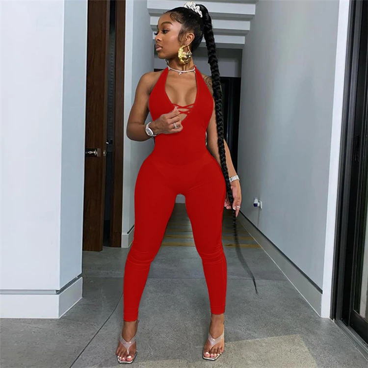 Fondpink Lowest Price Pure Color Deep V-Neck Halter Backless Women Summer Casual Long One Piece Jumpsuits