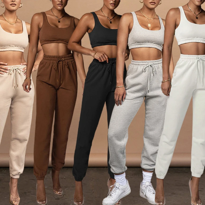 
Womens Summer Clothing 2021 Solid Custom Logo Trendy Crop Top And Two Piece Sweat Pants Set 2 Pcs Joggers Suits Sets For Women 
