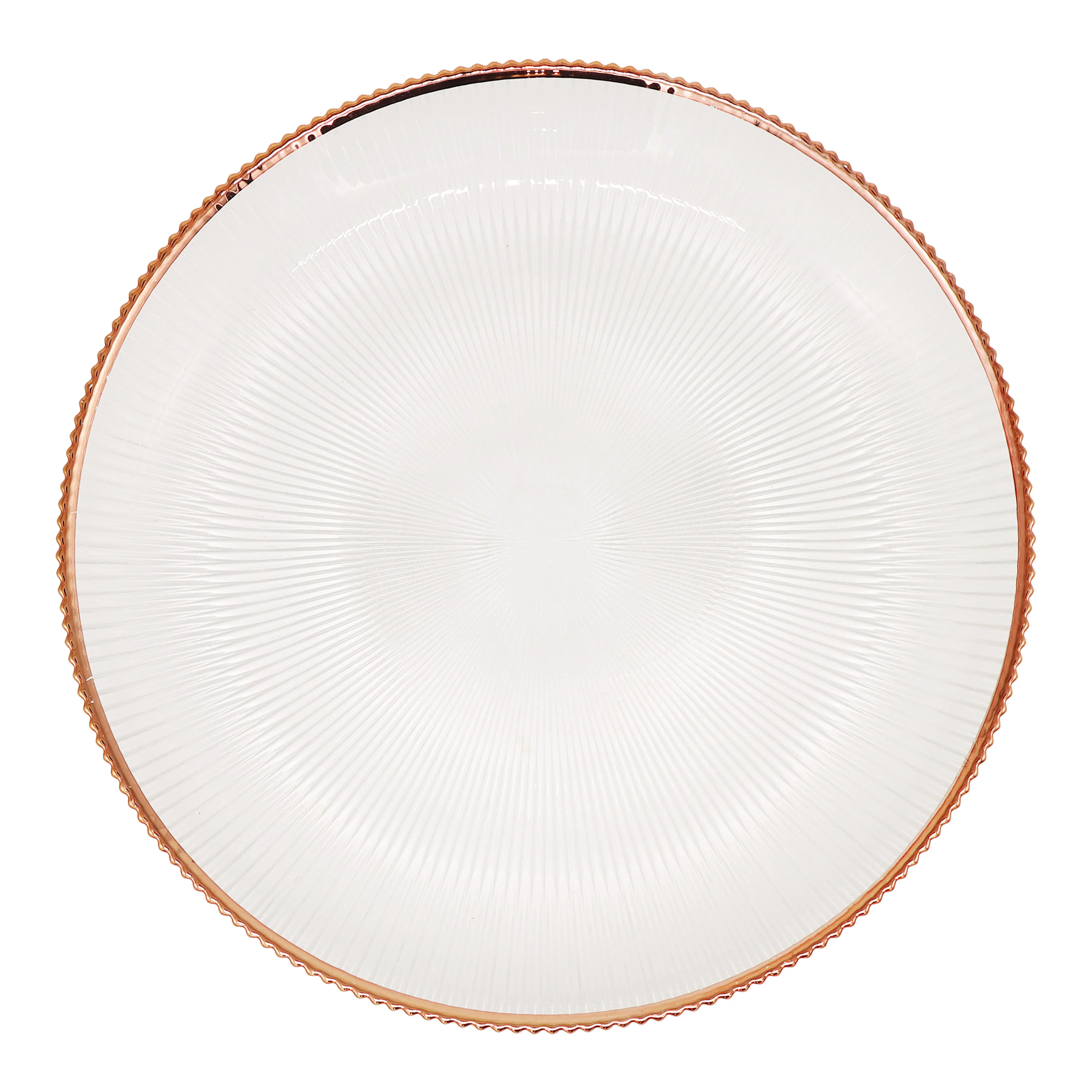 13-inch Clear Glass Round Charger Plates for Weddings Churches Restaurants and Events with a rose gold silver or gold rim
