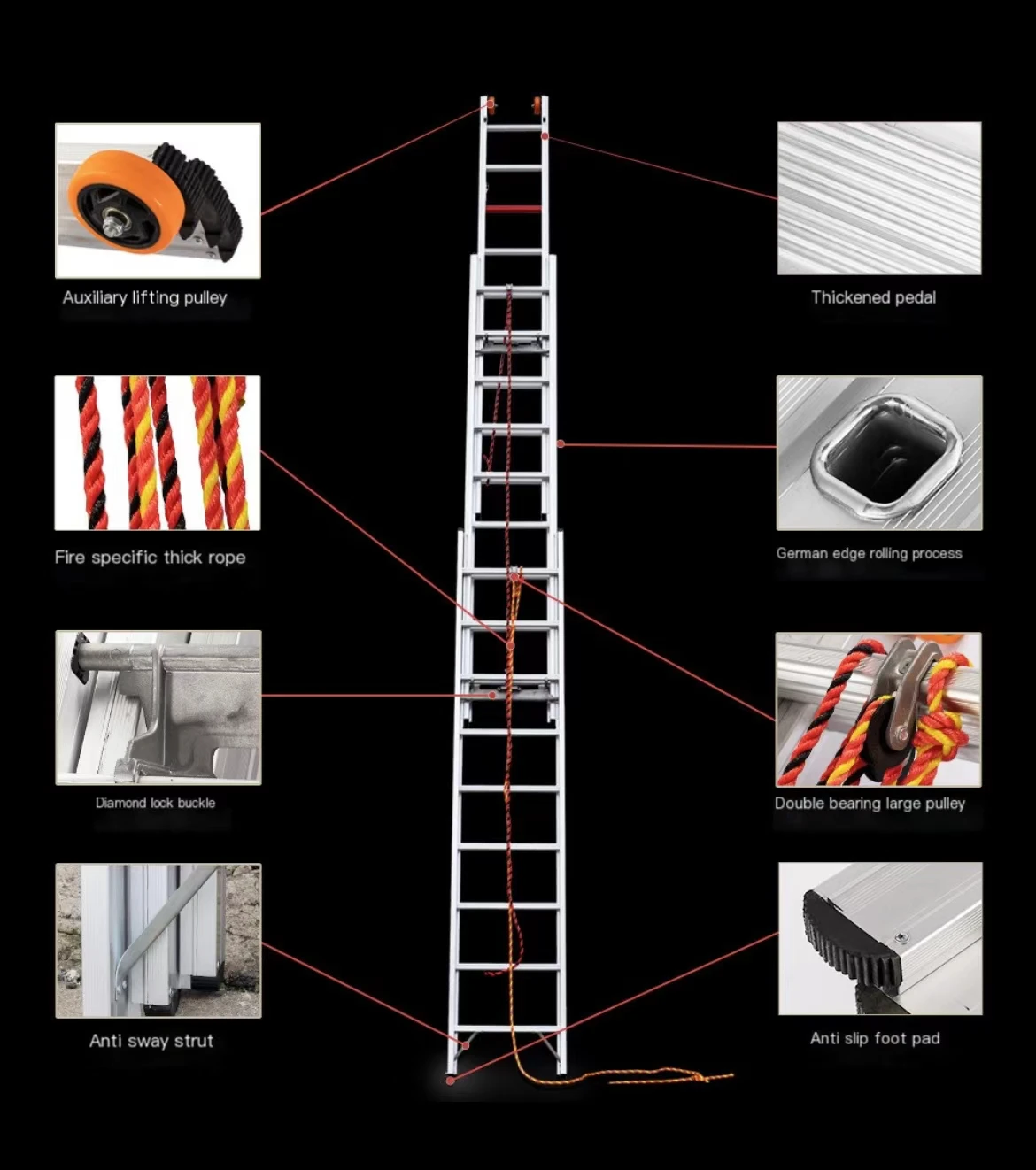 Aluminum alloy 3-piece fire ladder thickened folding single-sided elevator household 16 meter telescopic long ladder