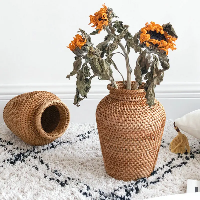 Wicker Rattan Vase Basket Art Desktop Woven Flower Vases Decoration Plants Flower Pot for Living Room Decoration Home Organizer