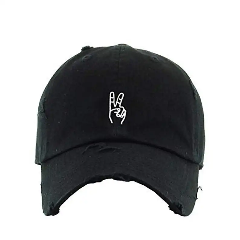 broken hole unstructured peace gesture embroidery sports cap custom logo hip hop dad hat