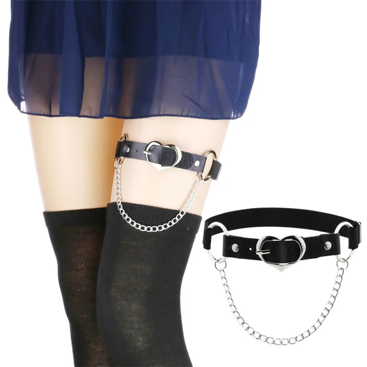 Girls Gothic Punk Peach Heart Chain Leather Thigh Ring Personality Temperament  Adjustable Elastic Leg Garter Belt