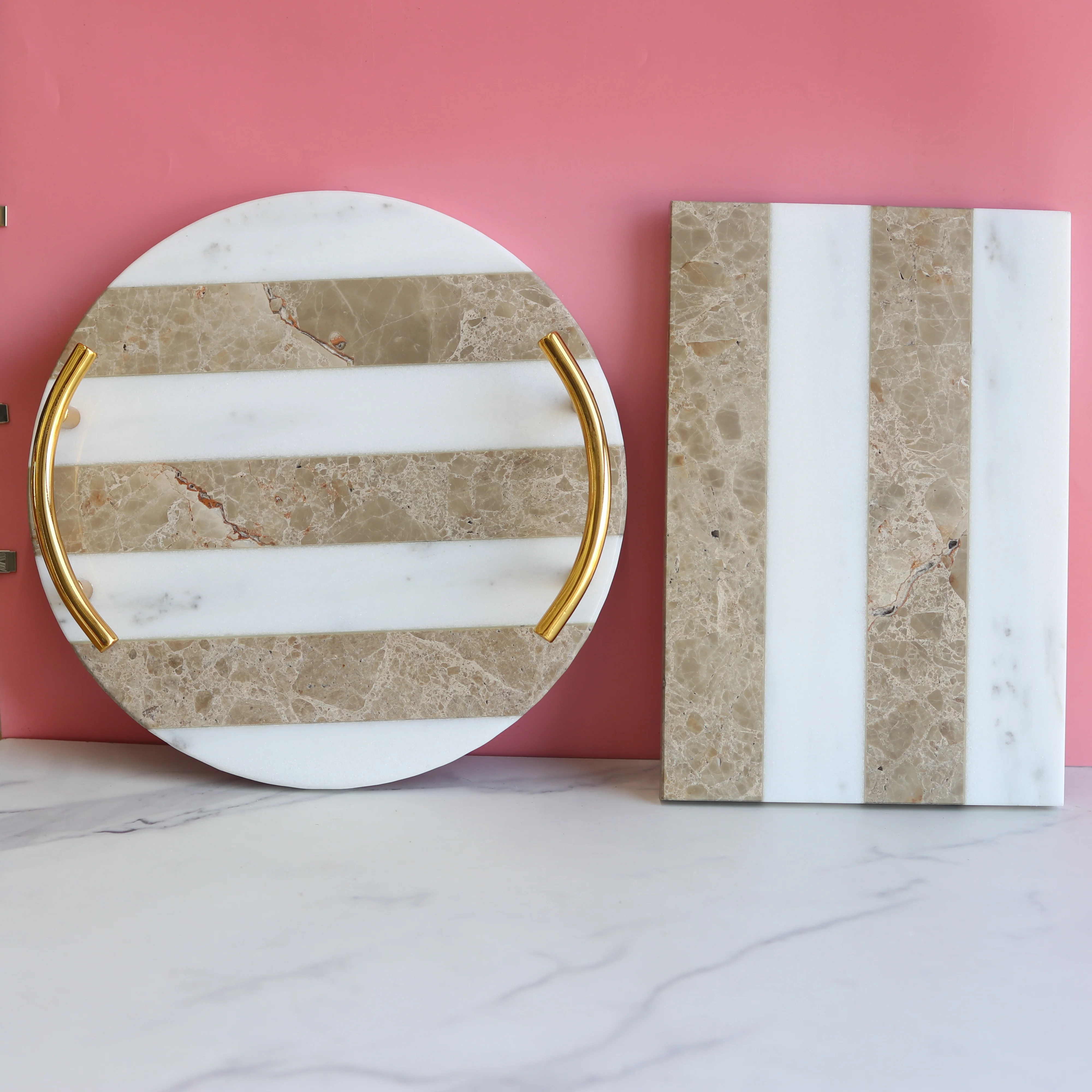 New design gold handles round hotel bathroom luxurious white gray stripe customize deco marble tray premium