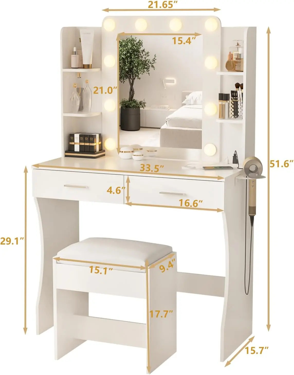 White Drawer Bulb Stool Vanity Rotate Bedroom Furniture Dresser Custom Dressing Table Mirror Makeup With Led Lamp And Chair