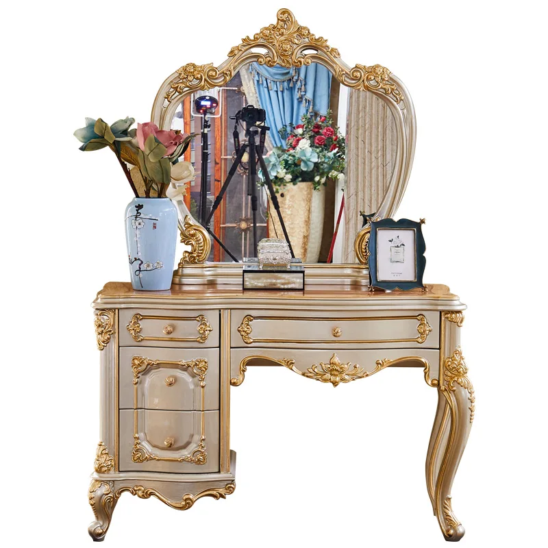 European gold dressing table combination American villa Princess solid wood dresser table mirror bedroom furniture