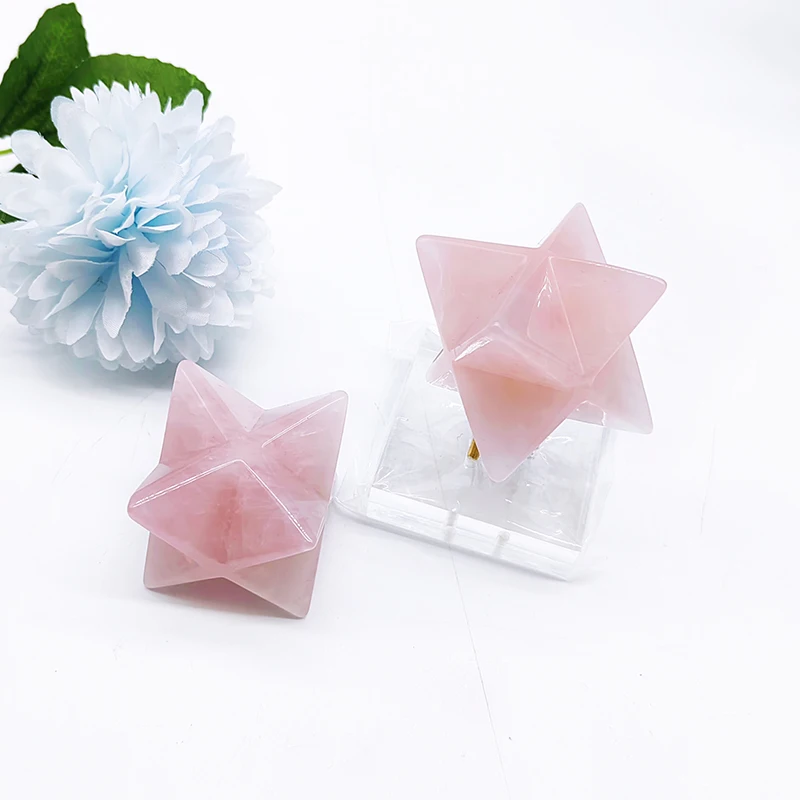 Crystal Rose Quartz Merkaba Stars Wholesale Natural High Quality 8 Point Hand Carved Merkaba Star for Gift 40mm Souvenir Love Qs