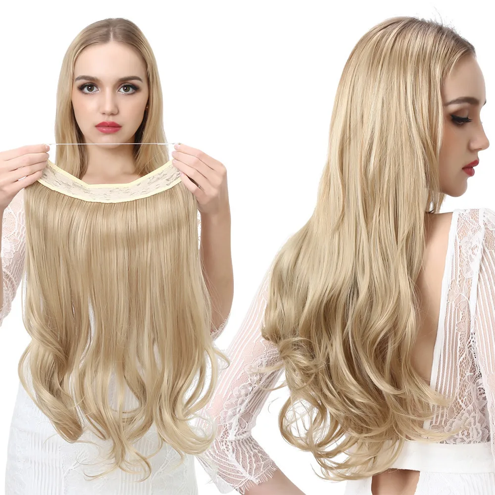 Natural Synthetic Halo Hair Extensions No Clip In Artificial Ombre Blonde Wavy False Hair Piece
