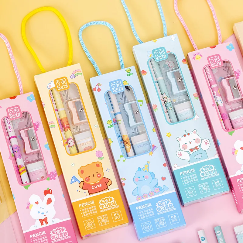 5pcs/set Stationery Children Birthday Gift Cute Kawaii Set Wholesale Student Items Pencil Products Christmas Gift Set