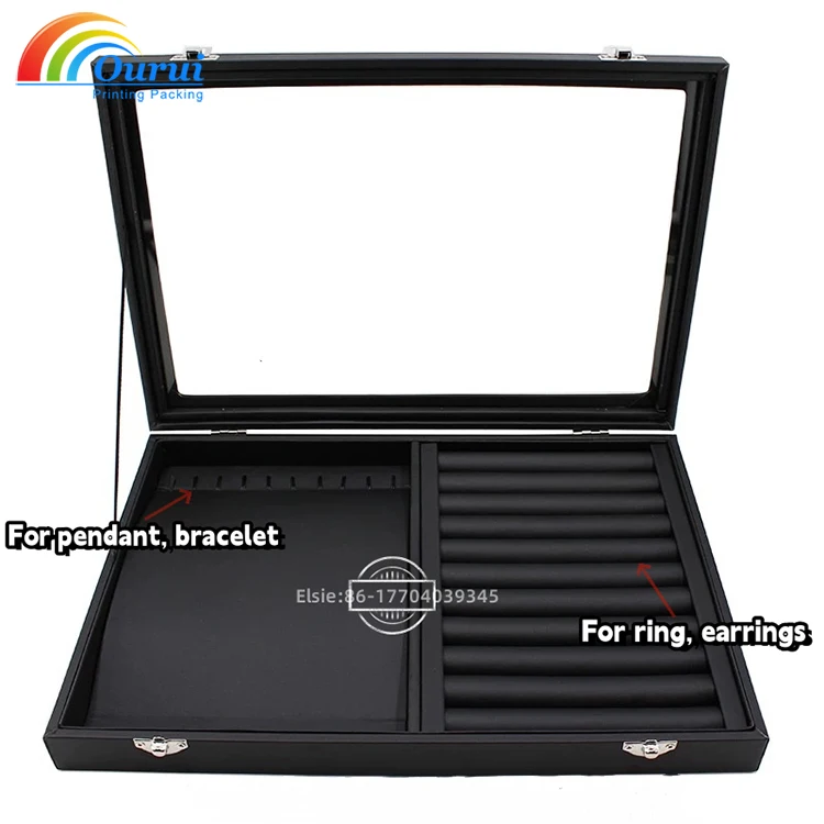 Stackable Black Leather Jewelry Box Tray with Glass Cover for Rings Bracelets Necklaces Earrings-Watch Boxes & Cases