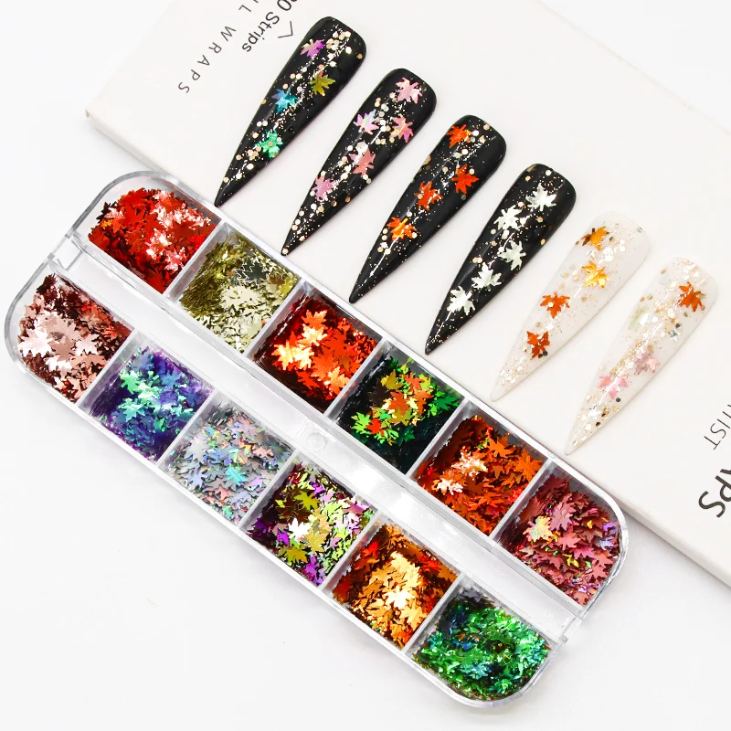 12 Grids Mixed Color Gradient Leaves Nail Art Decoration Glitter Powder Christmas Autumn Maple Nail Sequins