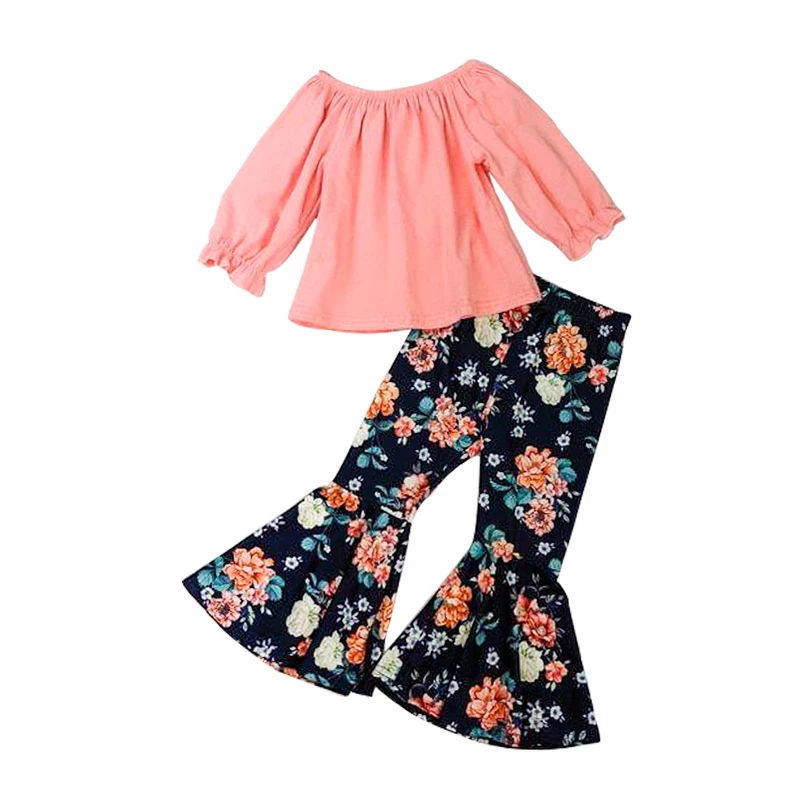 boutique cute girls solid coral peasant top girls navy coral pink floral bell bottoms baby clothes sets