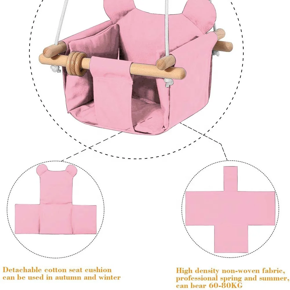 Indoor Outdoor Baby Play Equipment Canvas and Wooden Hanging Toddler Swing Set