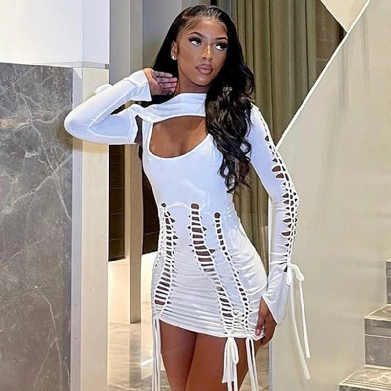 Fashion sexy two pieces dress set with tie up hollow out mini sleeveless dress and long-sleeve crop top