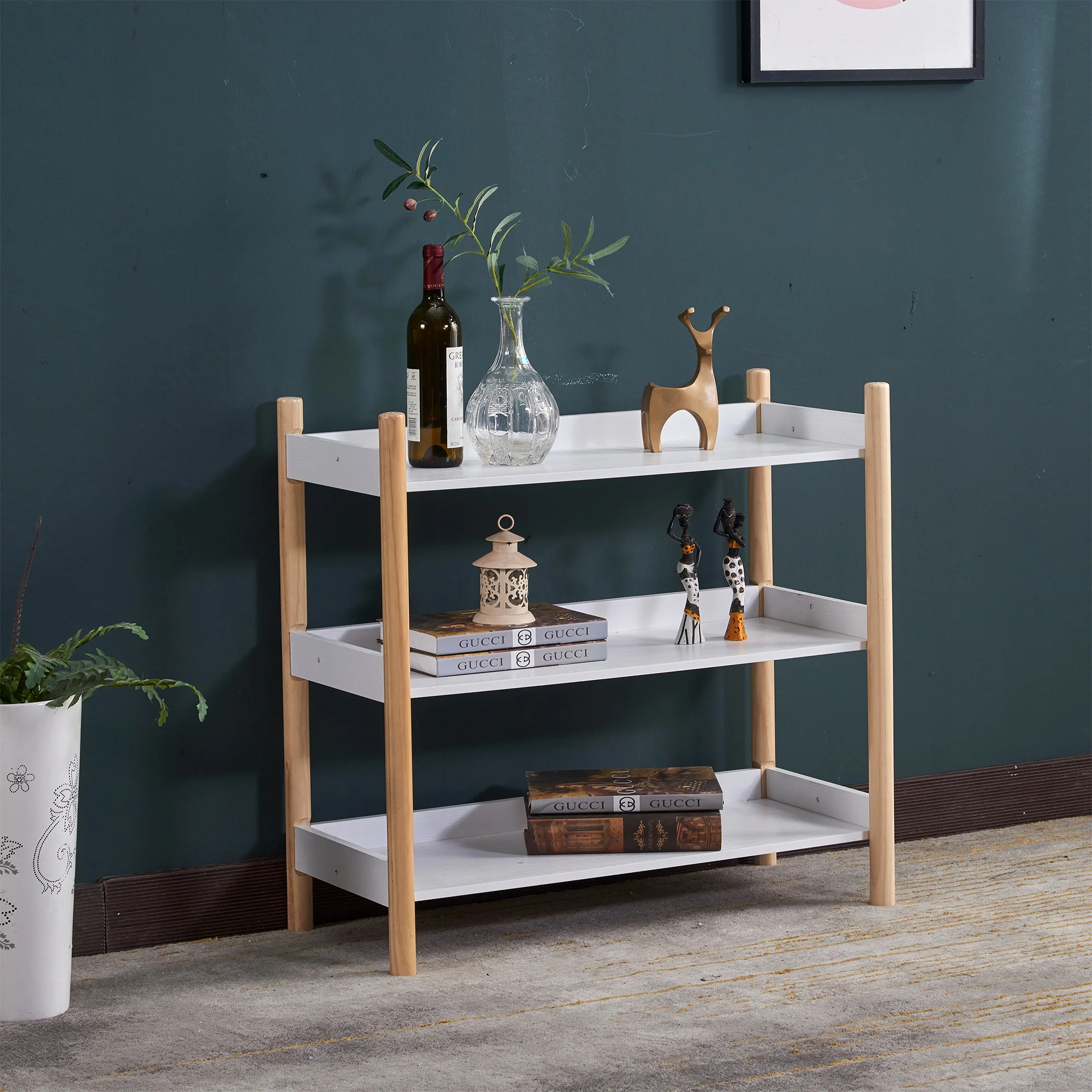 
Modern Living Room Bookcase Small White Wood Storage Rack Three Layers Combination Book Shelf 